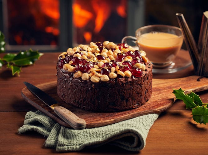 7" Chocolate Cherry and Hazelnut Christmas Cake in a Gift Box - Image 2